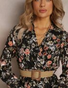 rosa Rochie Neagră Maxi cu Curea împletită și Elastic în Talie Floral Elanisa