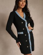 rosa Rochie Neagră Mulată Retro din Tricot cu Viscoză Decorată cu Capse Teremena