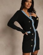 rosa Rochie Neagră Mulată Retro din Tricot cu Viscoză Decorată cu Capse Teremena