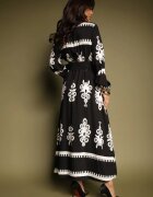 rosa Rochie Neagră Petrecută din Viscoză cu Imprimeu Etnic cu Elastic și Curea în Talie Tifissa