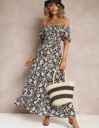 rosa Rochie Neagră Trapez Din bumbac Cu flori Cresenia