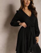 rosa Rochie Negră Evazată Midi cu curea în talie și decolteu petrecut Gemiora