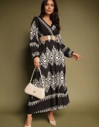 rosa Rochie Negră Imprimată din Viscoză cu Croi Petrecut cu Centură și Elastic în Talie Sagilaine