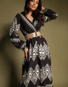 rosa Rochie Negră Imprimată din Viscoză cu Croi Petrecut cu Centură și Elastic în Talie Sagilaine