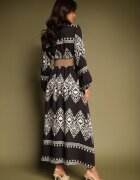 rosa Rochie Negră Imprimată din Viscoză cu Croi Petrecut cu Centură și Elastic în Talie Sagilaine