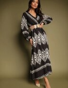 rosa Rochie Negră Imprimată din Viscoză cu Croi Petrecut cu Centură și Elastic în Talie Sagilaine