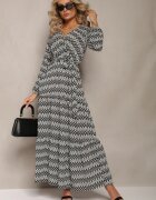 rosa Rochie Negru-Alb Evazată cu Elastic în Talie Kefem