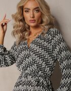 rosa Rochie Negru-Alb Evazată cu Elastic în Talie Kefem