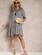 rosa Rochie Negru-Albă Trapezoidală cu Ciucuri și Poale Evazate Bleva