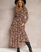 rosa Rochie Negru-Bej Cloș Florală Cu elastic în talie Bledareta