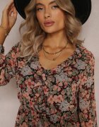 rosa Rochie Negru-Bej Cloș Florală Cu elastic în talie Bledareta
