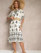rosa Rochie Negru-Crem din Viscoză Stil Boho Croi tip cutie cu șlițuri Virbia