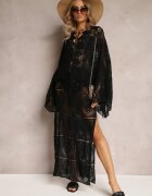 rosa Rochie Negru Croșetată Maxi cu Decupaje și Legătură Upenna