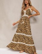 rosa Rochie Negru-Galbenă de Bumbac cu Bretele Decorată cu Broderie cu Elastic în Talie Nretta