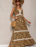 rosa Rochie Negru-Galbenă de Bumbac cu Bretele Decorată cu Broderie cu Elastic în Talie Nretta