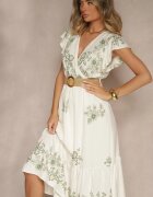 rosa Rochie petrecută alb-verde din viscoză decorată cu broderie și cordon Nilatea