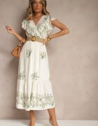 rosa Rochie petrecută alb-verde din viscoză decorată cu broderie și cordon Nilatea