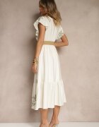 rosa Rochie petrecută alb-verde din viscoză decorată cu broderie și cordon Nilatea