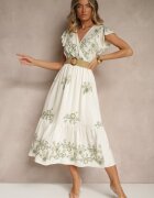 rosa Rochie petrecută alb-verde din viscoză decorată cu broderie și cordon Nilatea