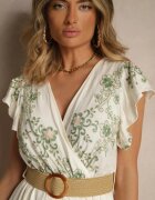 rosa Rochie petrecută alb-verde din viscoză decorată cu broderie și cordon Nilatea