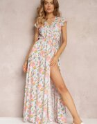 rosa Rochie petrecută albastru deschis cu elastic în talie cu flori Toma