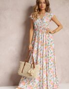 rosa Rochie petrecută albastru deschis cu elastic în talie cu flori Toma