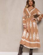 rosa Rochie petrecută bej cu viscoză cu model etnic cu elastic și curea în talie Tifissa