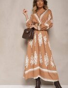 rosa Rochie petrecută bej cu viscoză cu model etnic cu elastic și curea în talie Tifissa