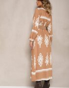 rosa Rochie petrecută bej cu viscoză cu model etnic cu elastic și curea în talie Tifissa