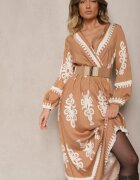 rosa Rochie petrecută bej cu viscoză cu model etnic cu elastic și curea în talie Tifissa
