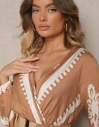 rosa Rochie petrecută bej cu viscoză cu model etnic cu elastic și curea în talie Tifissa
