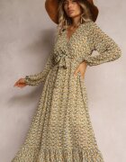 rosa Rochie petrecută Galben-Verde cu Volan și Curea Legată Gjerana