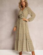 rosa Rochie petrecută Galben-Verde cu Volan și Curea Legată Gjerana