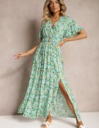 rosa Rochie petrecută verde din viscoză cu centură din material și elastic în talie cu șliț Vikali