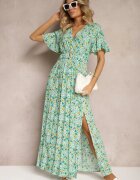 rosa Rochie petrecută verde din viscoză cu centură din material și elastic în talie cu șliț Vikali