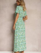 rosa Rochie petrecută verde din viscoză cu centură din material și elastic în talie cu șliț Vikali