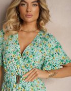 rosa Rochie petrecută verde din viscoză cu centură din material și elastic în talie cu șliț Vikali
