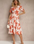 rosa Rochie Portocalie de Bumbac Cloș Perforată cu Imprimeu Floral Velbia