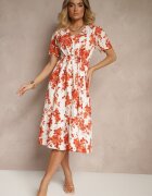 rosa Rochie Portocalie de Bumbac Cloș Perforată cu Imprimeu Floral Velbia