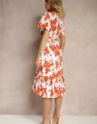 rosa Rochie Portocalie de Bumbac Cloș Perforată cu Imprimeu Floral Velbia