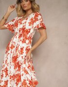 rosa Rochie Portocalie de Bumbac Cloș Perforată cu Imprimeu Floral Velbia