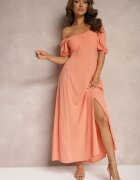 rosa Rochie Portocalie de Seară cu Decolteu Spaniol și Fentă Vikiya