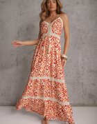 rosa Rochie Portocalie din Bumbac cu Bretele cu Elastic în Talie și Broderie Vikanda