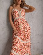 rosa Rochie Portocalie din Bumbac cu Bretele cu Elastic în Talie și Broderie Vikanda