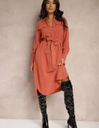 rosa Rochie portocalie din bumbac stil cămașă legată în talie Zinrose
