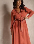 rosa Rochie portocalie din bumbac stil cămașă legată în talie Zinrose