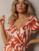 rosa Rochie Portocalie din Viscoză cu Decolteu Triunghiular și Elastic în Talie cu Cordon din Material Viketa