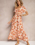 rosa Rochie Portocalie Evazată din Viscoză cu elastic în talie și curea din material textil Vikllia