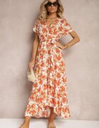 rosa Rochie Portocalie Evazată din Viscoză cu elastic în talie și curea din material textil Vikllia