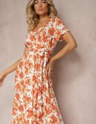 rosa Rochie Portocalie Evazată din Viscoză cu elastic în talie și curea din material textil Vikllia